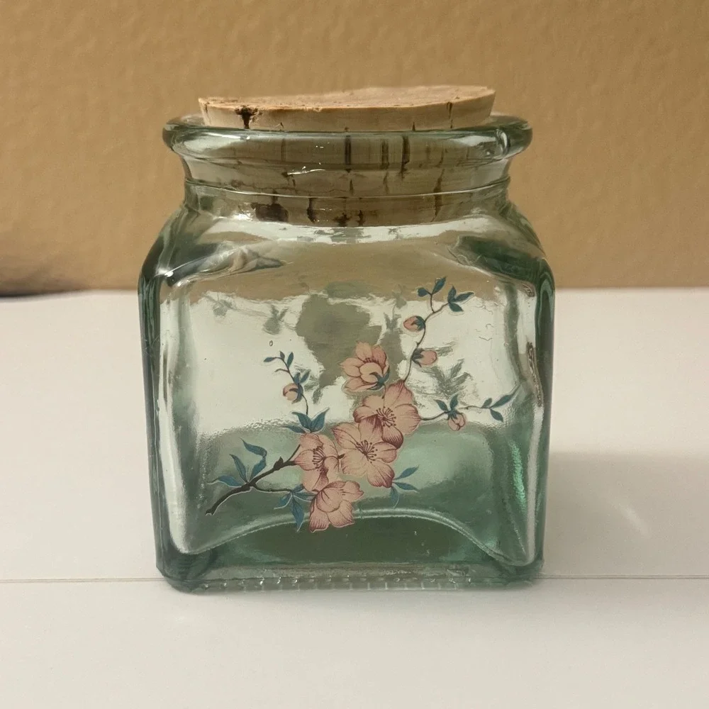 Vintage Green Glass Apothecary Jar w/Cork Lid Pink Cherry Blossom 4.5